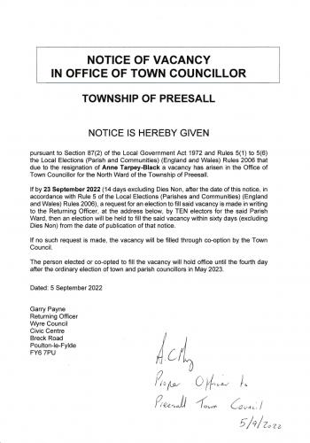 Preesall Town Council vacancy